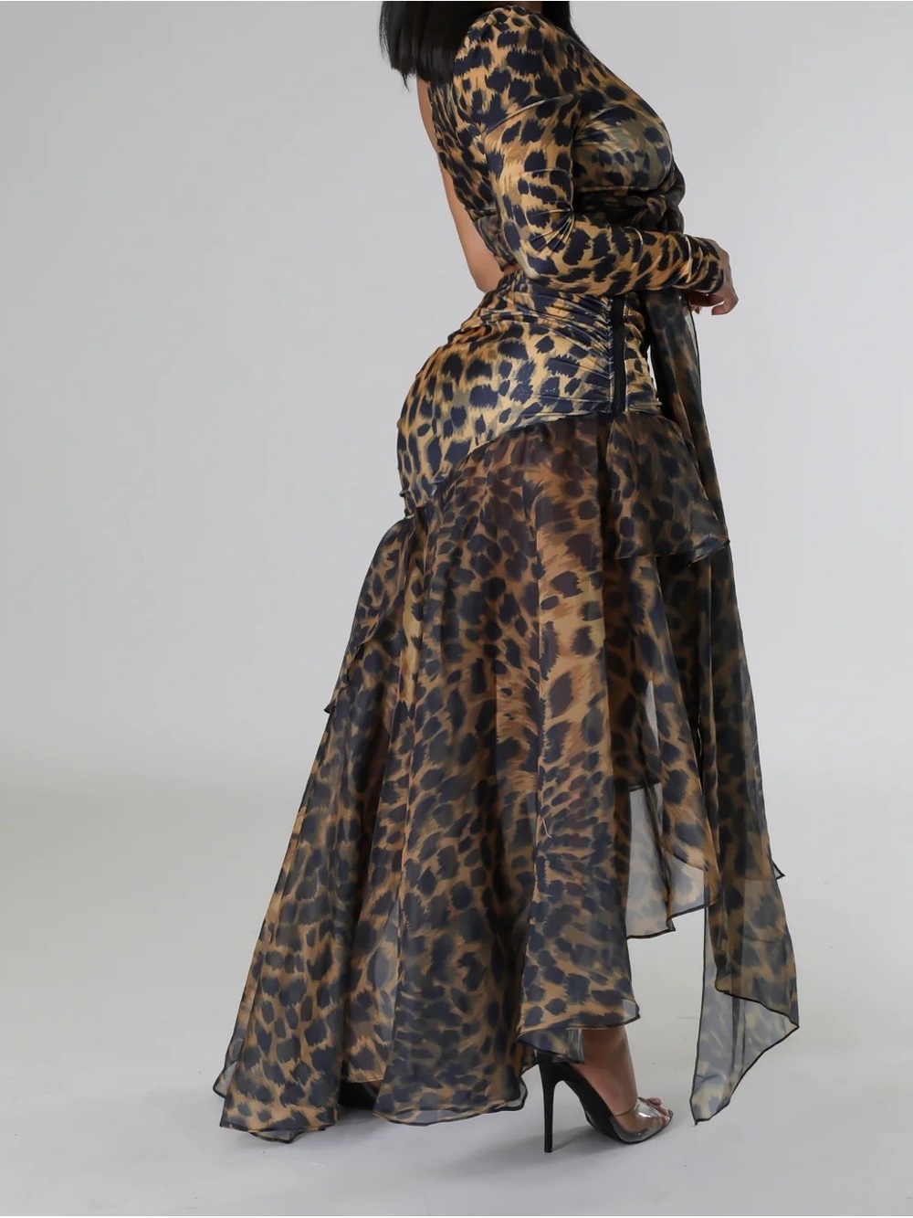 Leopard Print High-Low Ruffle Skirt - Brown - Picture 2 of 2